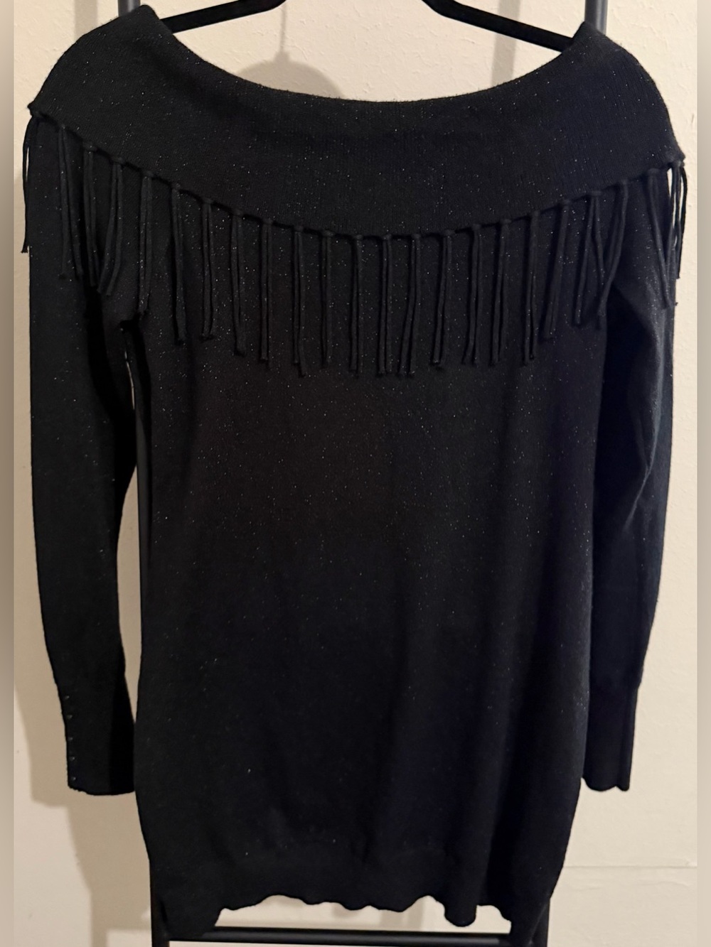 White House Black Market Fringe Sweater Dress Women's S Metallic Shimmer Boho
